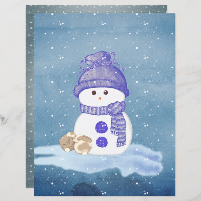 Papier Snowman and Sleeping Bunnies Scrapbook Paper (Devant / Derrière)