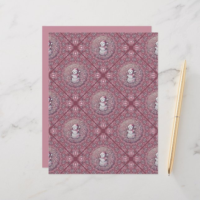 Papier Snowman rose Whimsical Mandala Geo Tile Scrapbook (Devant/Arrière en situation)