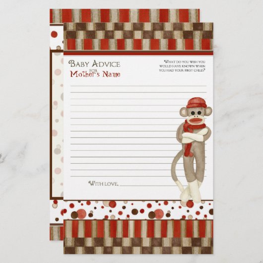 Papier Sock Monkey, Tricycle, Conseil Baby shower Garçon (Devant / Derrière)