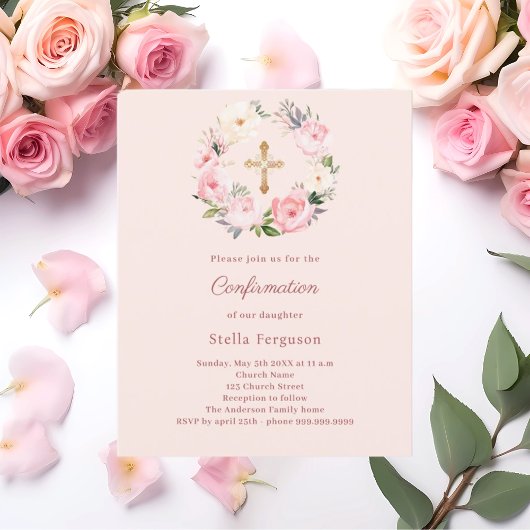 Papier Soft pink blush florals Confirmation invitation