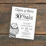 Papier Soirée de 30e anniversaire masculin<br><div class="desc">Amusants et informels encouragements et bières budget abordable hommes trente anniversaire carte d'invitation de fête avec un script de typographie sophistiqué, une tasse de bière doodle, et tourbillons de style vintage. Convient à tout âge ou à toute fête d'anniversaire adulte. Facile à personnaliser en changeant l'âge, le nom et les...</div>