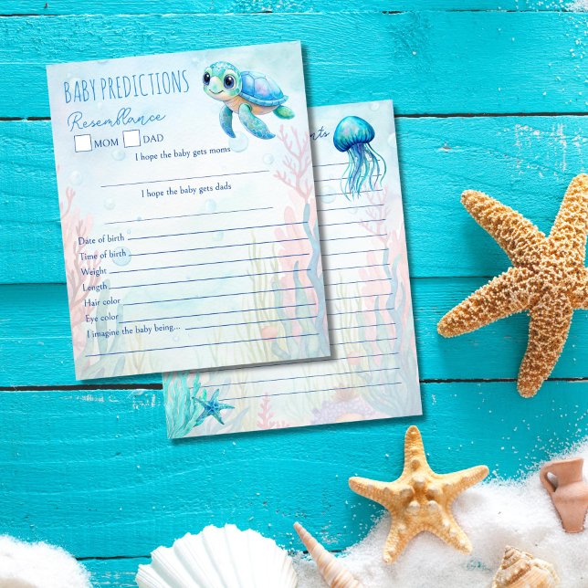 Papier Sous la tortue de mer bleu bébé conseils de prédic (Under the sea turtle aqua blue baby predictions and advice for new parents baby shower game cards)