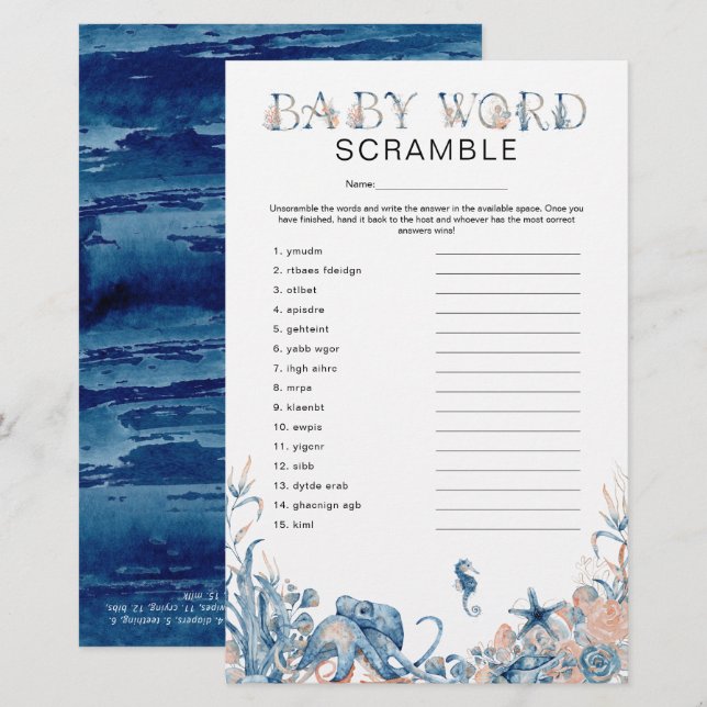 Papier Sous le Baby shower de jeu "Word Scramble" en mer (Devant / Derrière)