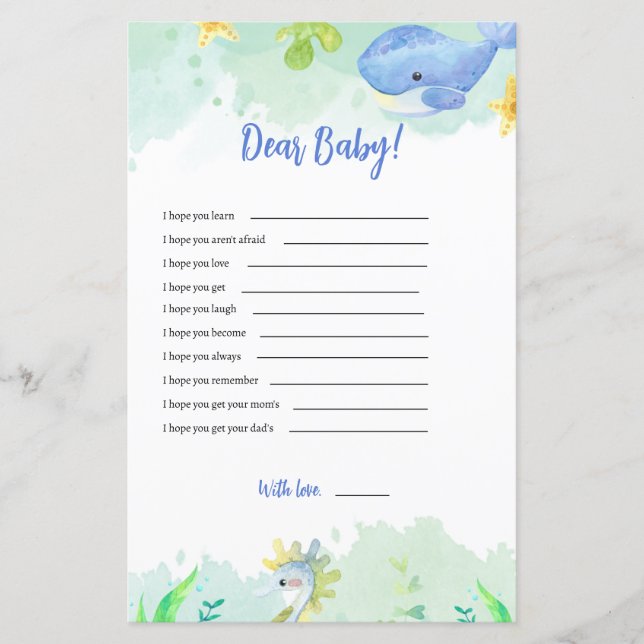 Papier Sous le Baby shower de mer Jeu Chers voeux pour bé (Devant)