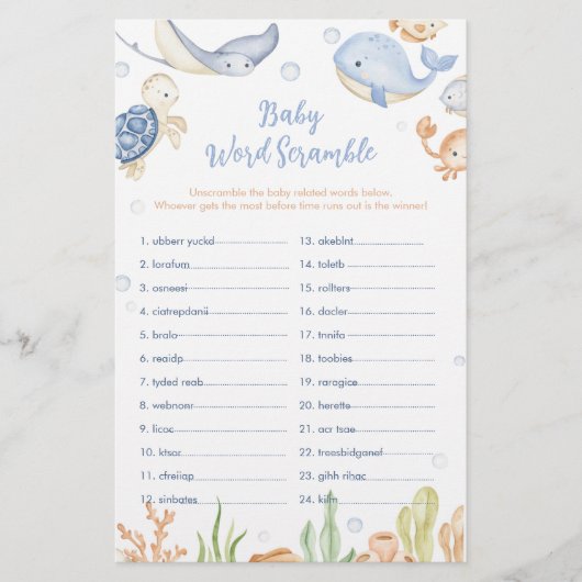 Papier Sous les animaux de mer Baby shower Word Scramble (Devant)