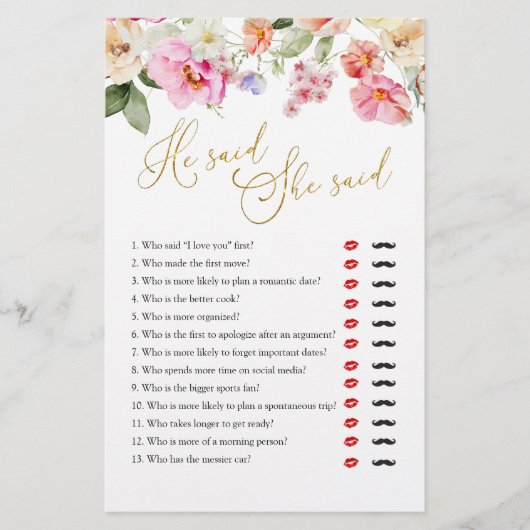Papier Spring Floral Bridal Shower He Said She Said Game (Devant)