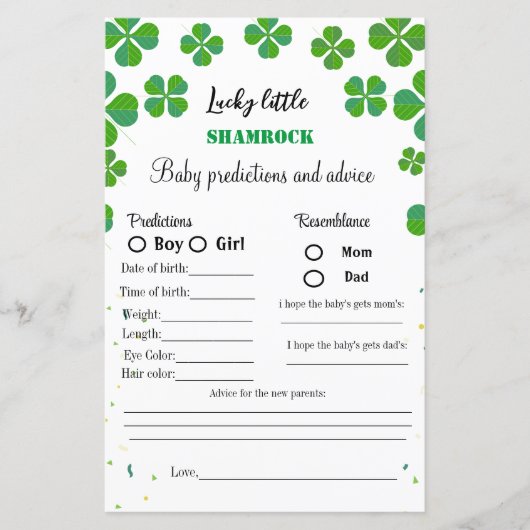 Papier St Patrick baby shower jeu prédiction bébé (Devant)