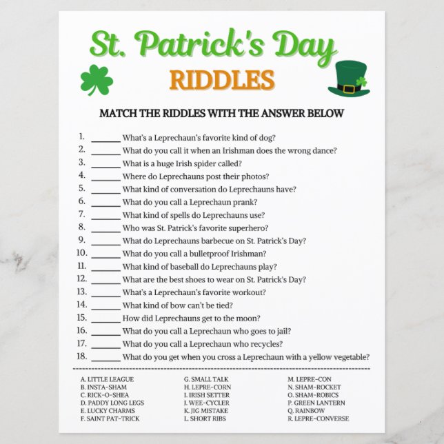 Papier St. Patrick's Day Riddles Game (Devant)