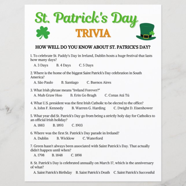 Papier St. Patrick's Day Trivia Game (Devant)