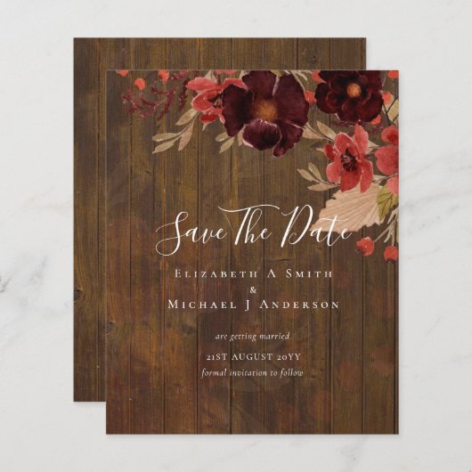Papier Sublime Bourgogne Floral Mariage SAVE DATES Budget (Devant / Derrière)