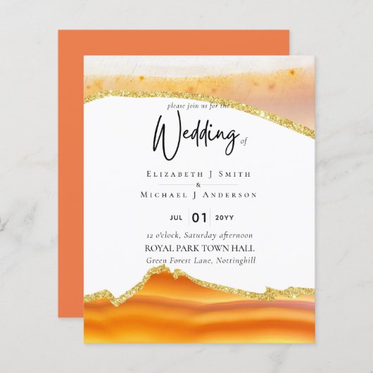 Papier Sublime Orange Gold Agate Wedding INVITE BUDGET (Devant / Derrière)