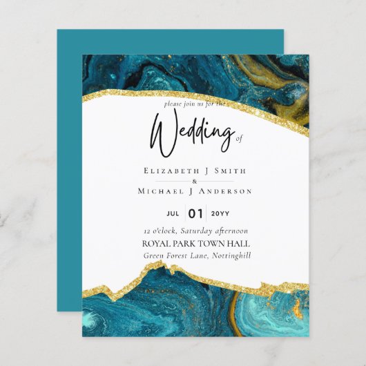 Papier Sublime TURQUOISE OR Agate Style Mariage Invitatio (Devant / Derrière)