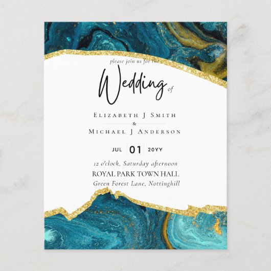 Papier Sublime TURQUOISE OR Agate Style Mariage Invitatio (Devant)