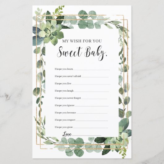 Papier Succulent mes souhaits pour le jeu de baby shower (Devant)