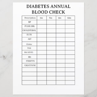 PAPIER SUIVI DES ANALYSES DE SANG ANNUELLES POUR LE DIABÈ