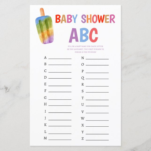 Papier Summer Popsicle Baby Shower Jeu ABC (Devant)