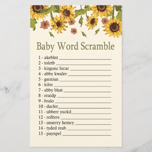 Papier Sunflower Baby jeu de mots scramble (Devant)