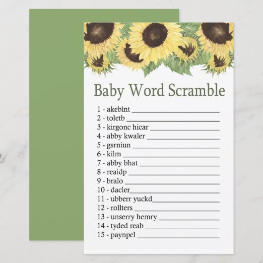 Papier Sunflower Baby jeu de mots scramble (Devant / Derrière)