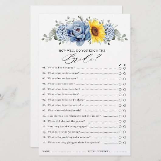 Papier Sunflower Dusty Blue Slate Fête des mariées Jeu (Devant / Derrière)