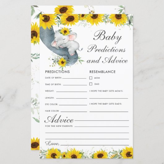 Papier Sunflower Elephant Baby Prédictions et conseils (Devant / Derrière)