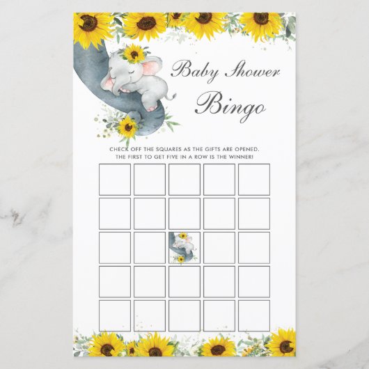 Papier Sunflower Elephant Baby shower Jeu de Bingo (Devant)