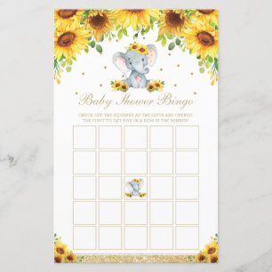 Papier Sunflower Elephant Baby shower Jeu de Bingo