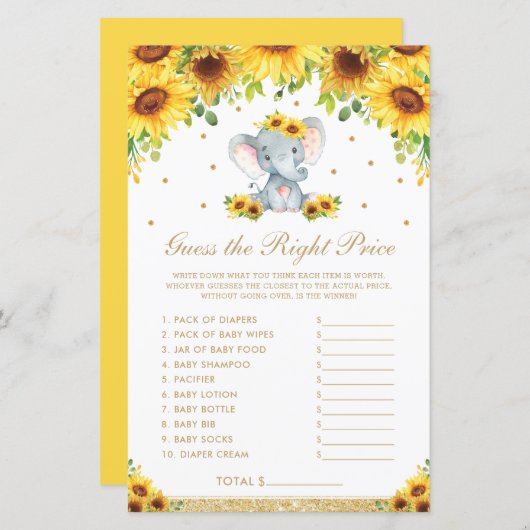 Papier Sunflower Elephant Devinez juste Prix jeu de douch (Devant / Derrière)