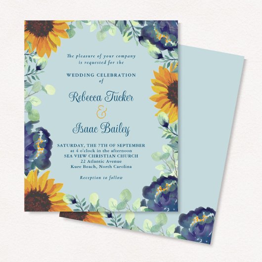 Papier Sunflower Eucalyptus Blue Floral Wedding Invitatio