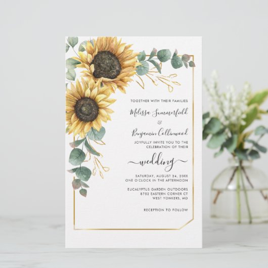 Papier Sunflower Eucalyptus Floral Faire-part de mariage (Debout devant)