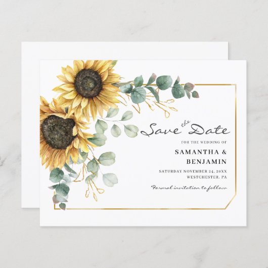 Papier Sunflower Eucalyptus Mariage Enregistrer La Date (Devant / Derrière)