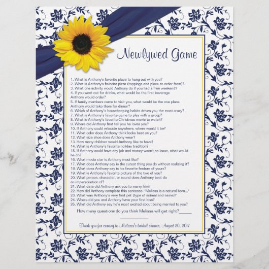Papier Sunflower Navy Blue Nouveau jeu de Fête des mariée (Devant)