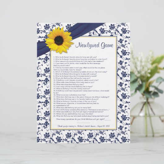 Papier Sunflower Navy Blue Nouveau jeu de Fête des mariée (Debout devant)