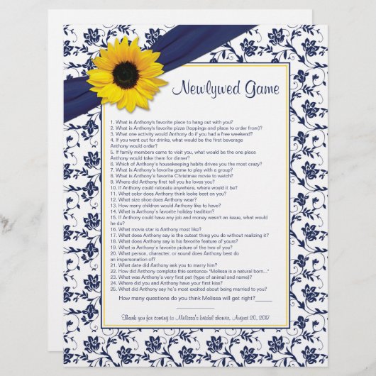 Papier Sunflower Navy Blue Nouveau jeu de Fête des mariée (Devant / Derrière)