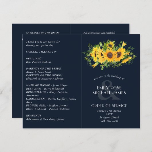Papier Sunflower Navy Blue Wedding Program ou autre événe (Devant / Derrière)