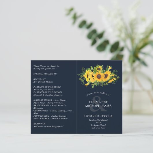 Papier Sunflower Navy Blue Wedding Program ou autre événe (Debout devant)