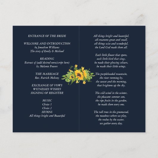 Papier Sunflower Navy Blue Wedding Program ou autre événe (Dos)