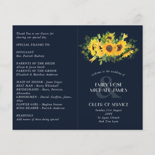 Papier Sunflower Navy Blue Wedding Program ou autre événe (Devant)