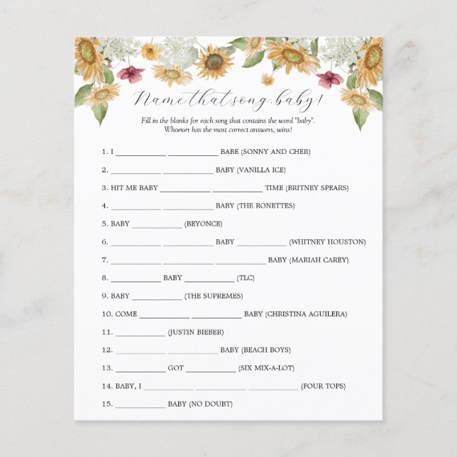 Papier Sunflower Nom qui Chanson jeu de Baby shower (Devant)