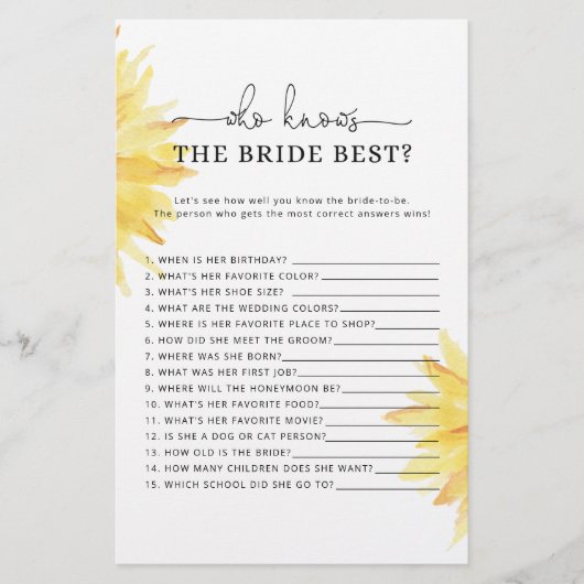 Papier Sunflower Qui connaît la mariée meilleur jeu (Devant)