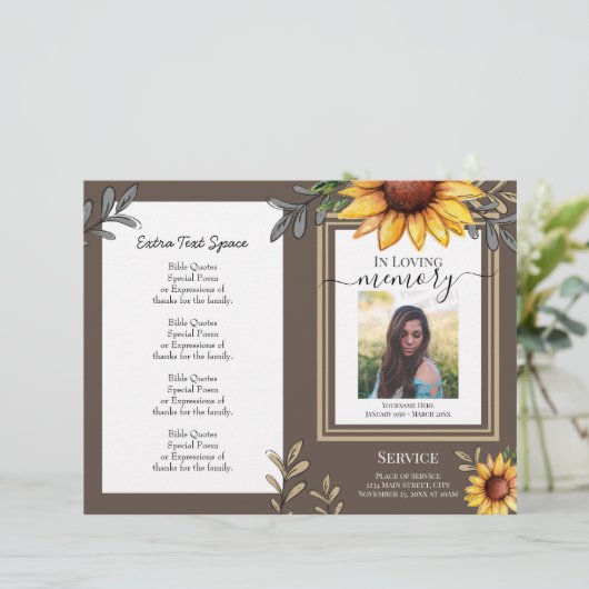 Papier Sunflower Simple Photo Funéraire Budget du program (Debout devant)