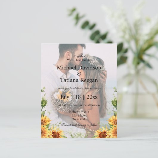 Papier sunflowers qr code 2 photos faire-part de mariage (Debout devant)