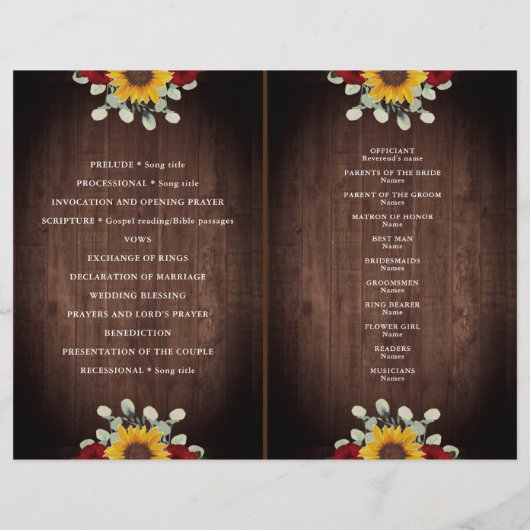 Papier Sunflowers Red Roses Rustic Folded Wedding Program (Dos)