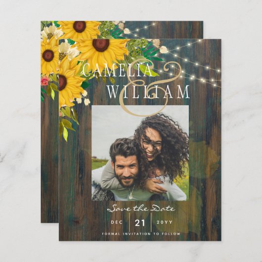Papier Sunflowers Rustic Wood PHOTO Mariage Enregistrer l (Devant / Derrière)