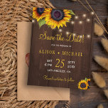 Papier Sunflowers rustic wood wood budget save date weddi<br><div class="desc">Rustic elegant summer or autumn fall wedding stylish BUDGET save the date matriplate on maroon dark brown barn wood featuring bunches of sunflowers and strings of twinkle lights. , d You can choose to customize it further changing fonts and colors of lettering. The announcement is suitable for elegant rustic country...</div>