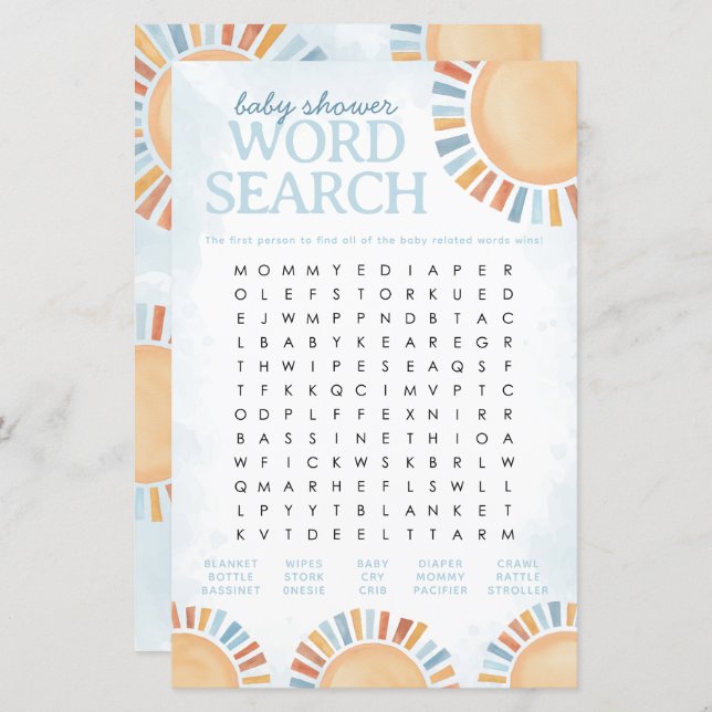 Papier Sunshine Baby shower Word Search Jeu (Devant / Derrière)