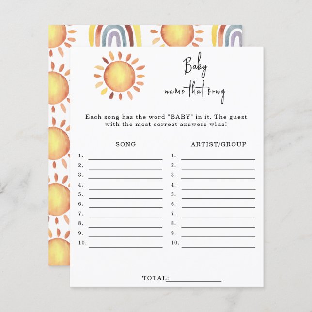 Papier Sunshine Nom de la chanson jeu de baby shower (Devant / Derrière)