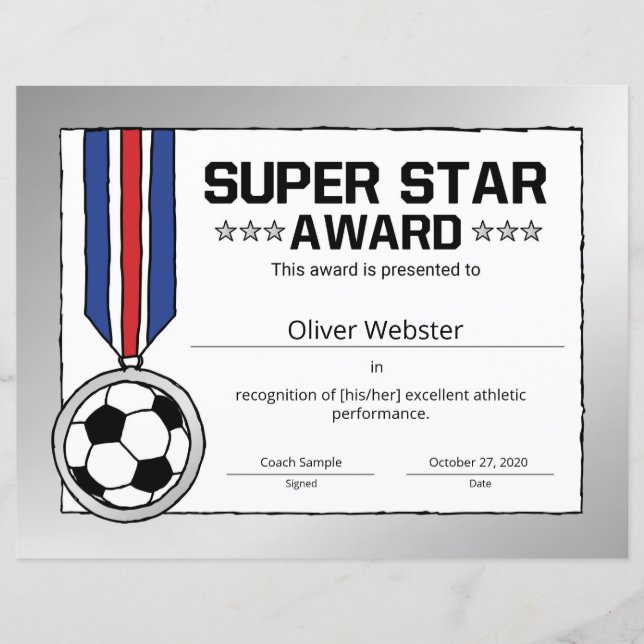 Papier Super Star Soccer Player Award Certificat de socce (Devant)