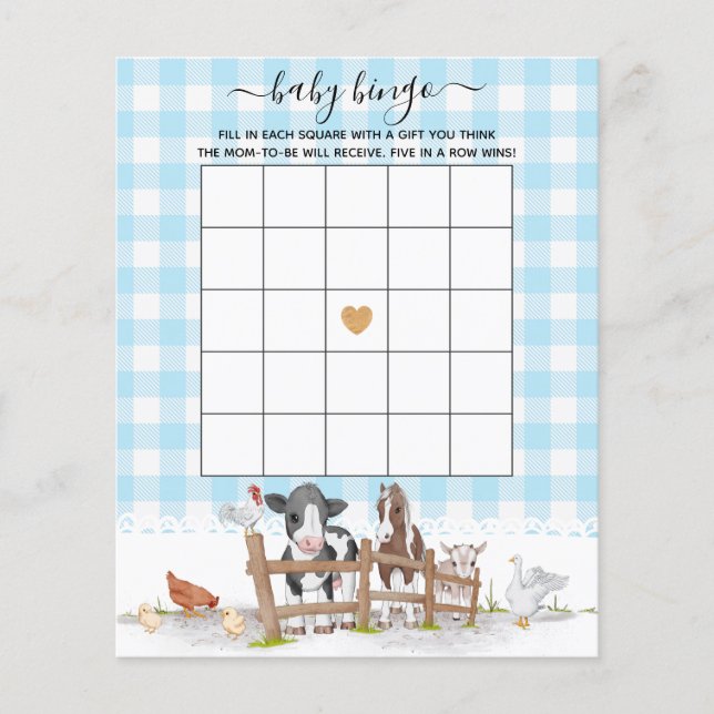 Papier Sur La Ferme Animaux Baby shower Jeu De Bingo (Devant)