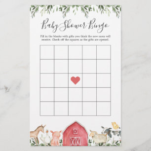 Papier Sur La Ferme Animaux Baby shower Jeu De Bingo