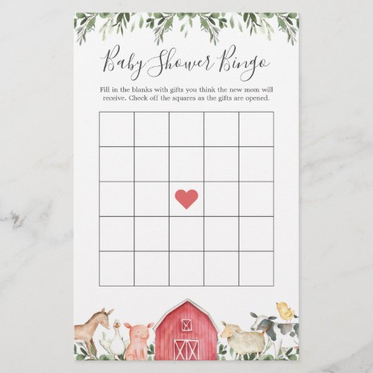 Papier Sur La Ferme Animaux Baby shower Jeu De Bingo (Devant)